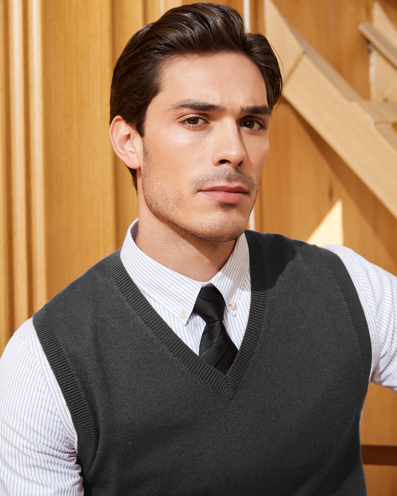 Kallspin Men's Wool Blended Vest Sweater Relaxed Fit V Neck Sleeveless Knitted Vest Pullover (Charcoal, X-Large) - Image 4